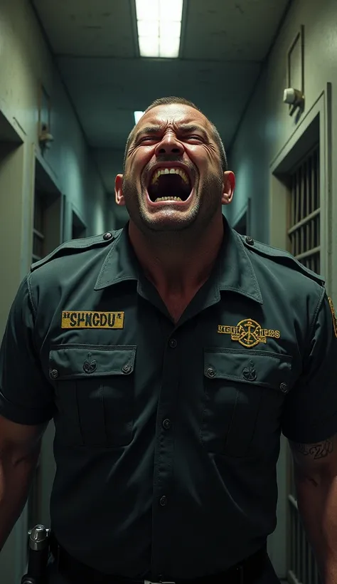 realistic image of a male prison guard shouting in pain inside a prison