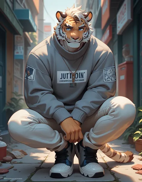 Furry， white tiger，white fur ，， white fur，blue  eyes，Tiger ears，juvenile，Handsome，lol，band-aid， gray sweater ，“full body”，modern，Perfect， top quality，Positive face， eyes