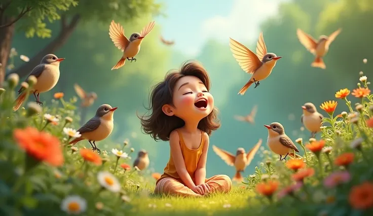  while that Eleo sings with the birds in the garden,  sitting happily and peacefully in a natural environment , doğal bir ortamda.  Draw in animated style but realistic .