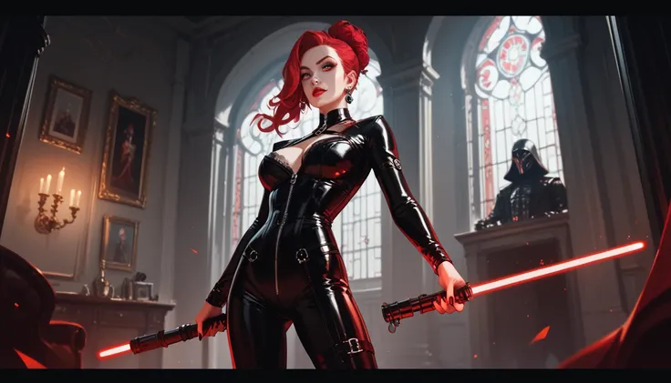 A mysterious female Sith in a sleek, black leather bodysuit, her crimson lightsaber ignited, standing beside Vader. Her hair flows wildly, framing her piercing eyes, dark, cavernous room lit by a sinister red glow.
