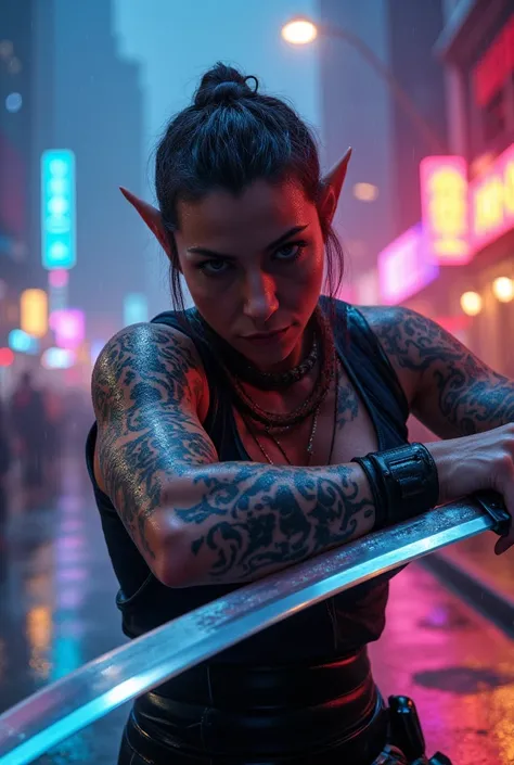 Under the glowing haze of a rain-soaked, neon-lit cyberpunk city, a fierce elven street samurai lunges forward in a dynamic and aggressive pose, her glowing katana slicing through the air with lethal precision. Her tattooed, cybernetically enhanced body mo...