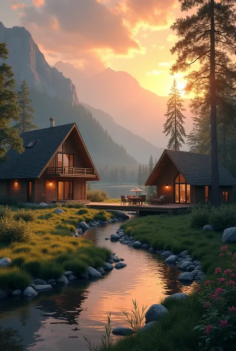 Create a landscape where there are some beautiful big and modern cabins, few people, with a beautiful view of de sunset, some animals y a lot of vegetation, a river near, some shores, and places like (Street food stalls)