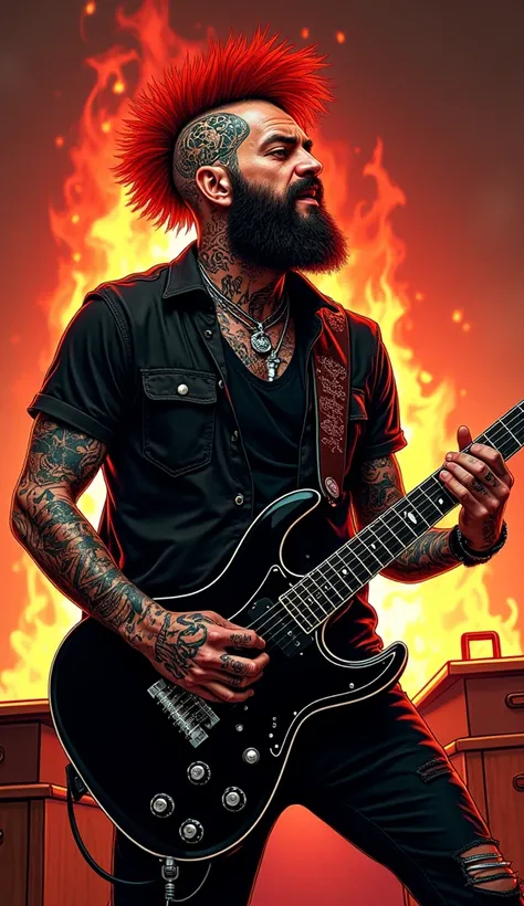 The image features a stylized illustration of a handsome, bearded, 40-something punker with heavily tattooed hair and striking red hair. He is playing electric guitar very aggressively inside a burning classroom. The use of high contrast between black and ...