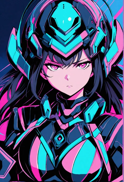 A young woman in a futuristic armored suit. She wears a shiny navy blue helmet with glowing blue neon accents. She has bright pink eyes and a concentrated expression. The suit is form-fitting and features a high-tech design with glowing blue circuitry. A s...