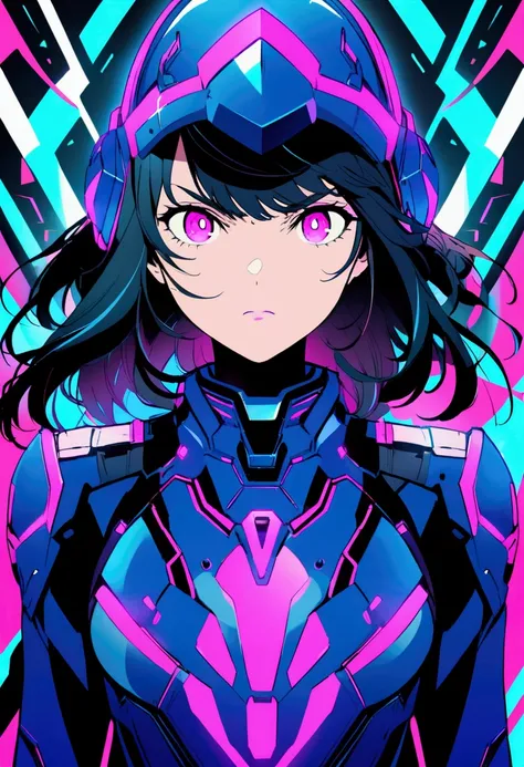 A young woman in a futuristic armored suit. She wears a shiny navy blue helmet with glowing blue neon accents. She has bright pink eyes and a concentrated expression. The suit is form-fitting and features a high-tech design with glowing blue circuitry. A s...