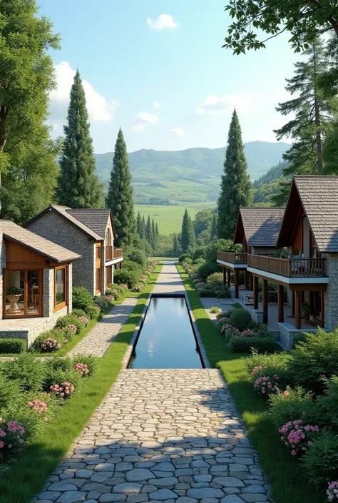 Here’s a detailed description of the scene:

A picturesque village road stretches through the middle, lined with four luxury houses, two on each side. These houses blend traditional and modern architectural elements, featuring stone walls, wooden accents, ...