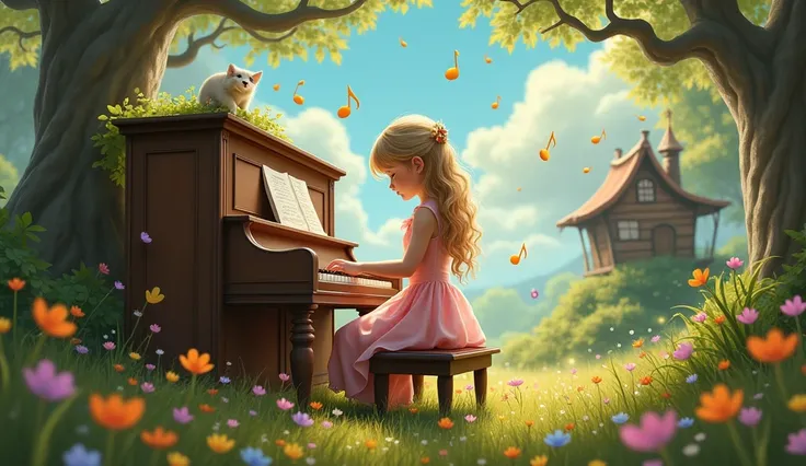 A creative image. A very young girl, wearing a pink evening dress, with long blond curly hair and bangs on her forehead, was playing the piano on a large piece of grass. The piano was a rough wooden piano. There are many strange-shaped trees, musical notes...