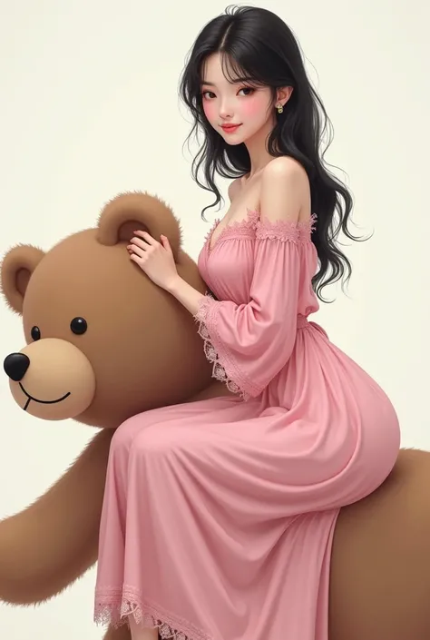 Prompt : Create a beautiful and detailed digital illustration of an Asian girl with pink-white, young black hair tucked over her shoulders. She wears a soft flowing pink pajama dress, displaying delicate lace detailing. The woman sits on a large teddy bear...