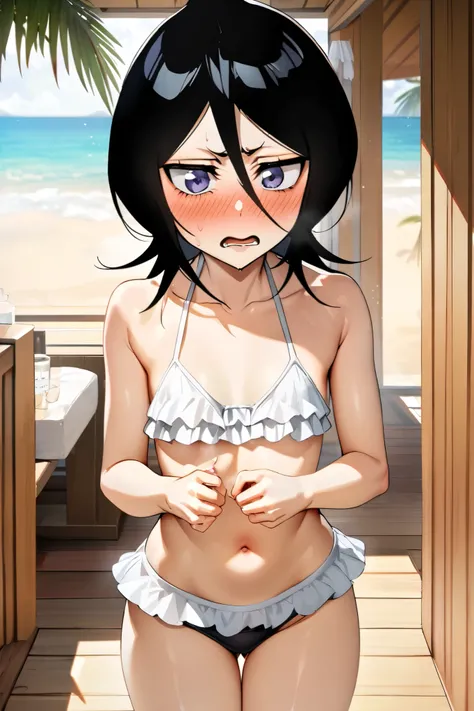 NSFW,masterpiece, top quality , high definition , very detailed, Kuchiki Rukia (BLEACH), short hair, black hair、 hair between eyes,Halterneck bikini, frill bikini,Embarrassed,blush,Beach House, palm trees