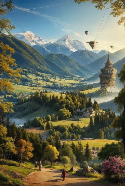 landscape,  Beautiful painting , Technology and nature, future, Mountains,  huge fantasy future building in the distance, flying cars, fantasy, 2075 , many plants,  wires and trees 