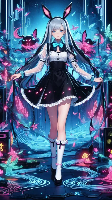 Tokyo ghoul style, woman, 22, Im wearing 2 pigtails on my long white wavy hair,  light blue bow accessory , white and baby blue  ****Tadres,  covered in blood splashes ,  White Knee High Socks ,  wearing 2 pigtails in the long white wavy hair of a toy rabb...