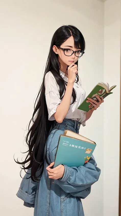 Black hair, glasses, reads picture books