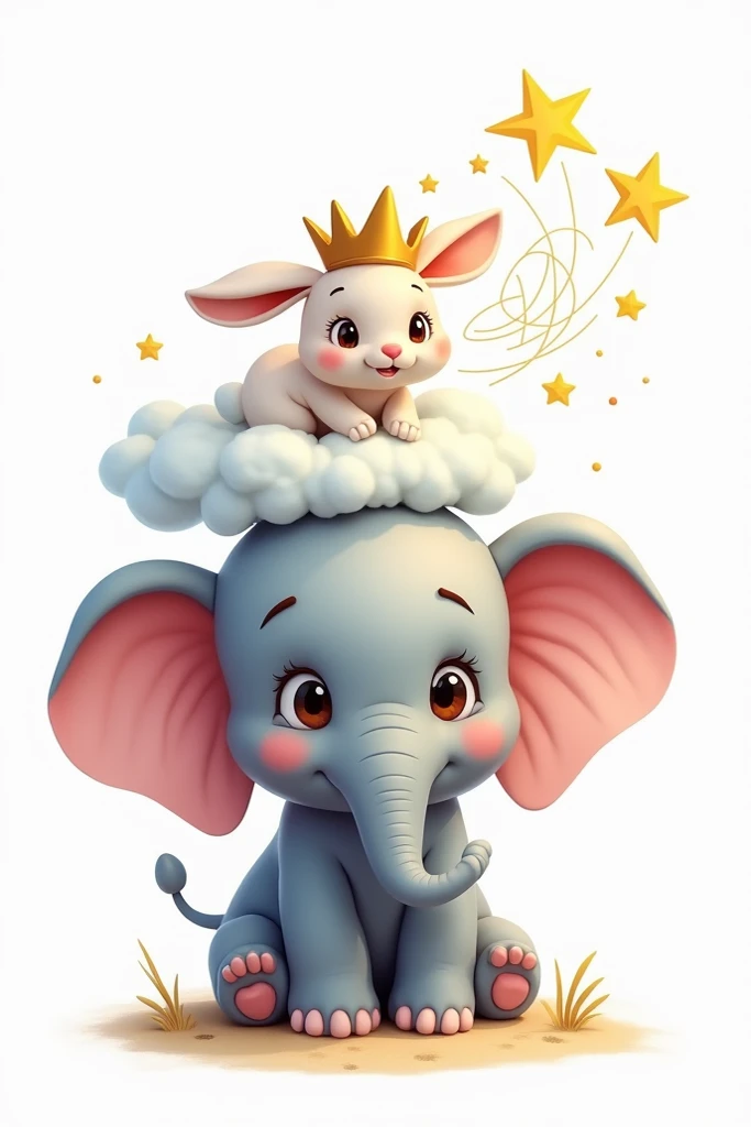 A baby elephant with a golden crown .   On the elephants head a rabbit catching stars with a web of clouds around it on a white background high definition cartoon 