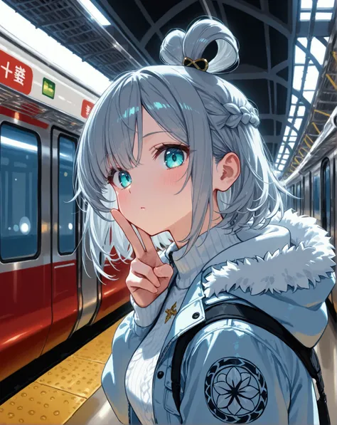 1 Girl, Solo, dark blue jeans, white sweater under jacket, branded sweater, parka jacket, open jacket, short hair, top knot hair, grey hair, braided side bangs, asymmetrical bangs, left bang longer than right, turquoise eyes, human, cute pose, front facing...