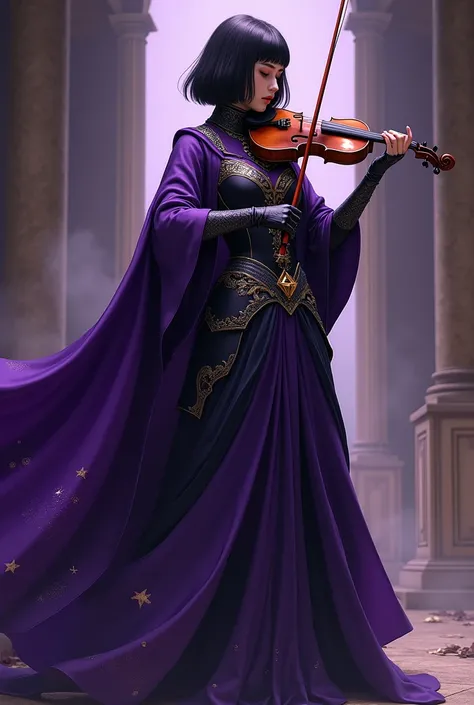  REALISTIC IMAGE :  Beladonna is a knight who arrives in a kingdom and her main color is dark purple,  she plays the violin and the princess of the kingdom doesnt trust her , She has short straight hair and features Japanese , she is tall 