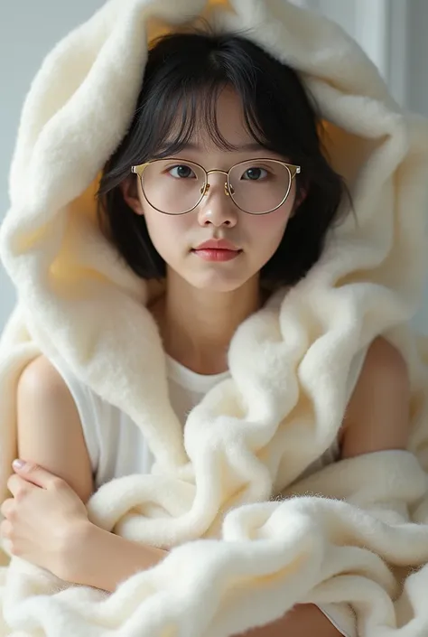 A  Hong Kong girl wearing glasses wearing a white vest top is covered in felt