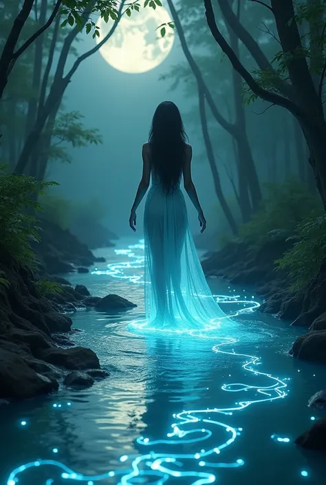 The moment Ugomma dissolves into the stream, her body blending into the water like mist. The ripples glow faintly under the moon, creating an ethereal and mysterious effect." African
