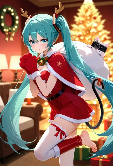  Hatsune Miku ,  Im wearing a Christmas suit and cape ,  plush gloves with white cat hands on hands ,  stuffed cat hand gloves cat palm facing the camera,  white stockings under my short skirt , red plush boots ,  stand on one leg,  with large bells tied t...