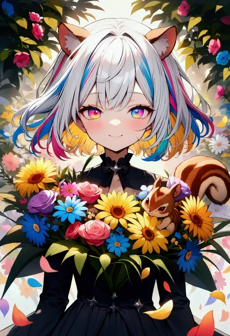 (masterpiece),(absurdres),(perfect detailed)、alone,(white hair:1.1),(colorful hair:1.3),(very shortcut hair:1.1),(colorful eyes:1.2),(flat chest),()),( black tuxedo :1.3),smile,(Floating colorful petals:1.4),(flower garden background with squirrels:1.2),( ...