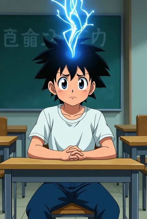 80S ANIME STYLE. A young  boy, messy black hair, wearing a white t-shirt and jeans, is sitting at a desk in the classroom with a look of concern, a blue energy light forms on his forehead as if sensing something.
