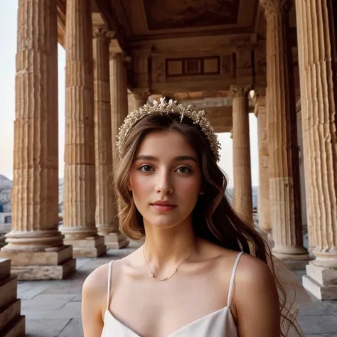 19 year old beautiful woman. Become the Greek goddess cupid in the clothes of ancient Greek Ala, Ancient Greek buildings , close up