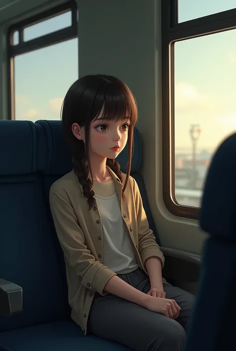  A girl sitting on a train and watching a empty seat Infront of her