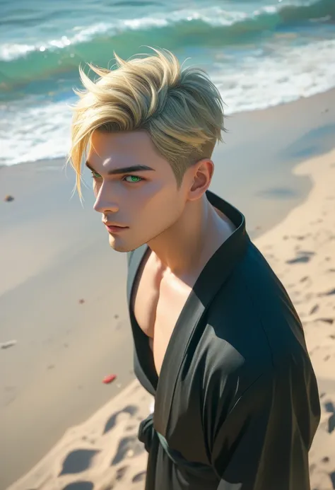 Male sanzo priest, photoreaistic, fair skin, (((short blonde hair))), green eyes, black eyeliner, strong, fit. (Van dyke facial hair). Wearing black bodysuit.  Beach background. Casual pose. Loose white japanese priest robe. High angle view.