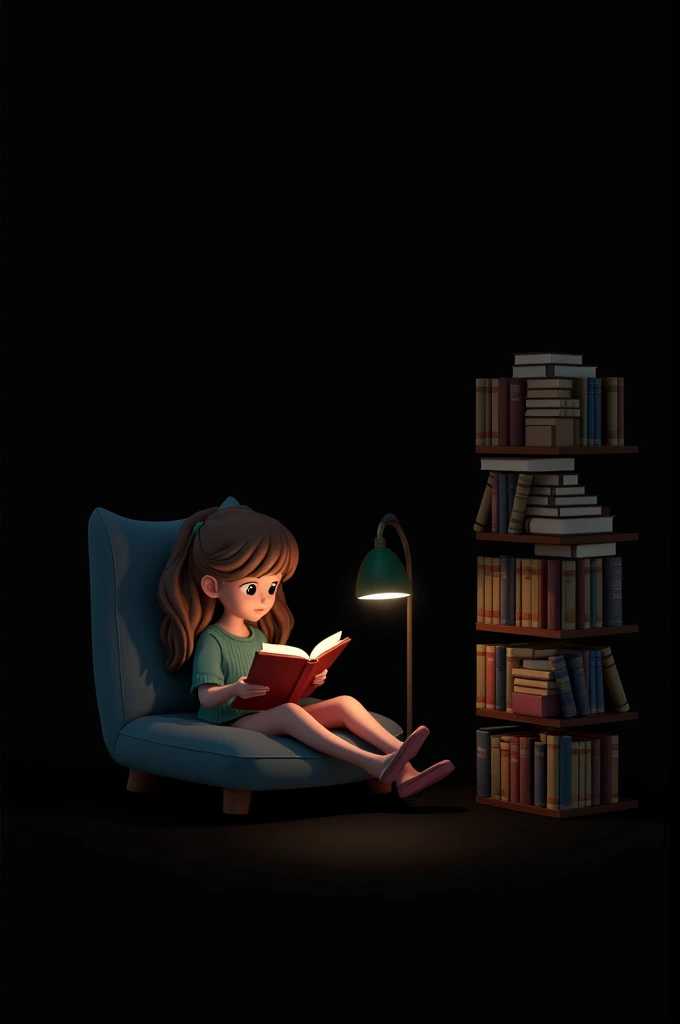 Create an image of a cozy reading environment. In the foreground, show a person comfortably reading a book. The background should be a solid black, emphasizing the reader and the books. On the side, display a few well-organized bookshelves with a variety o...