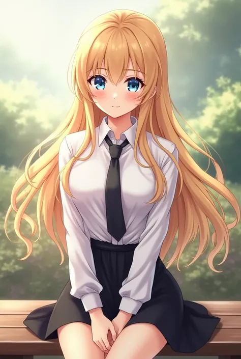 Anime girl, with long blonde hair, and blue eyes, wearing White shirt with black tie and black skirt, sitting on the bench