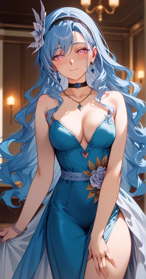 romancing saga 2, long hair, pink eyes, blue hair, (wavy hair:0.5), hair ornament, black hairband,
choker, necklace, (evening dress)
BREAK
25 year old woman、medium breasts, largish eyes ,oval face, mature female、Moist eyes、Gentle eyes、Gentle look,blush, (P...