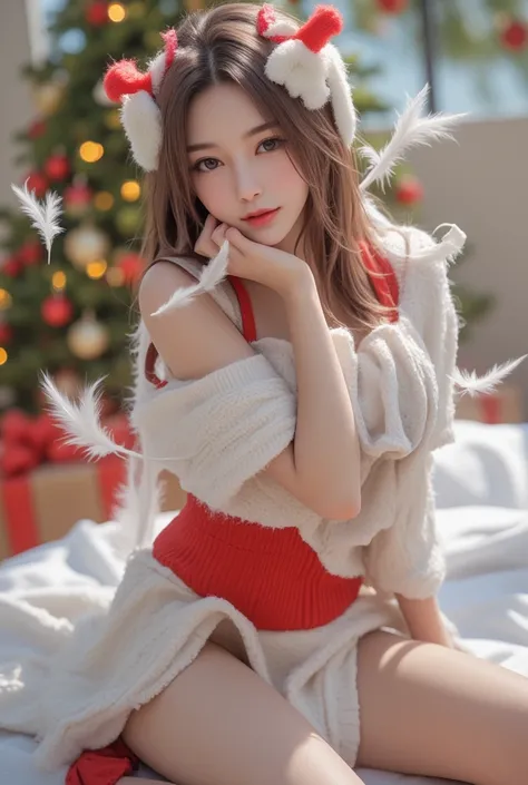  Photographically Realistic,  HD,  穿着金属羽毛连衣裙shooting ,  Beautiful Woman ,  youthful face,  White Pale Skin ,   Small Cup-a Treasure Chest  ,  shorts, Beautiful legs,  Random Angle {x} shooting {x},  There are feathers around , Christmas style, Leg highligh...