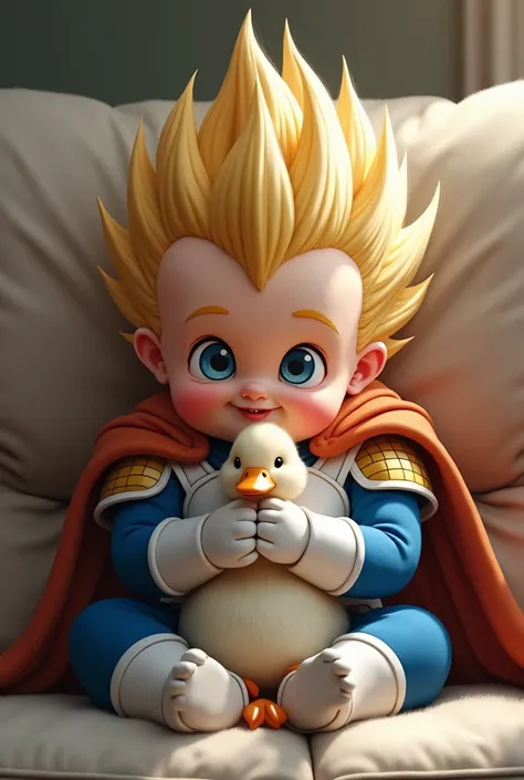 create a realistic image of a baby in Vegetas costume hugging a Duck on the couch, The paw is the size of the baby 