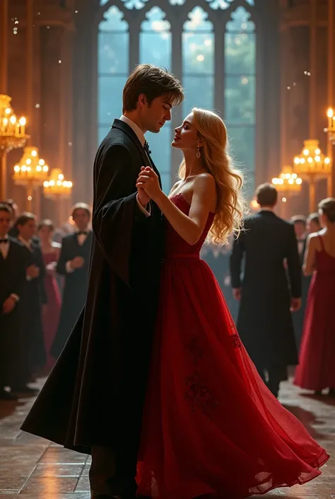 Harry Potter and a girl with golden yellow hair and brown eyes in a red floor-length dress are dancing at a ball at Hogwarts