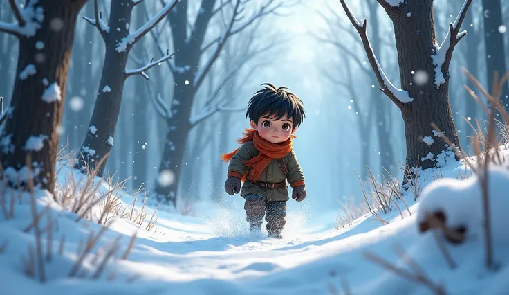 o A moment in which a brave boy , karla kaplı bir ormanda yürürken soğuk rüzgarlarla karşılaştığı bir an.  faces cold winds while walking through a snow-covered forest while facing determination in cold weather .  Draw in animation style but realistic.