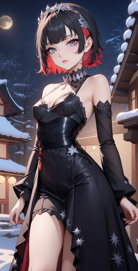 score_9, score_8_up, score_9_up, source_anime, close up photo,  beautiful face, ellenjoe, night, passionless,  closed mouth, ellen joe, black hair, moonlight, japanese party, night winter,  party, fantasy party, fantasy night dress, night party, snow, sexy...