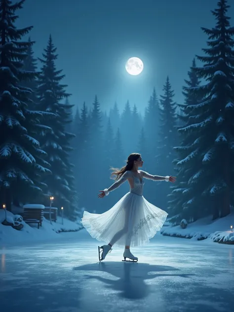  The moon stands high in the clear night sky and immerses the scene in a soft ,  surrounded by tall ,  snow-covered firs ,  almost like a silent Image of the beauty of the winter world .  whose glow forms a delicate contrast with the cool moonlight lightin...