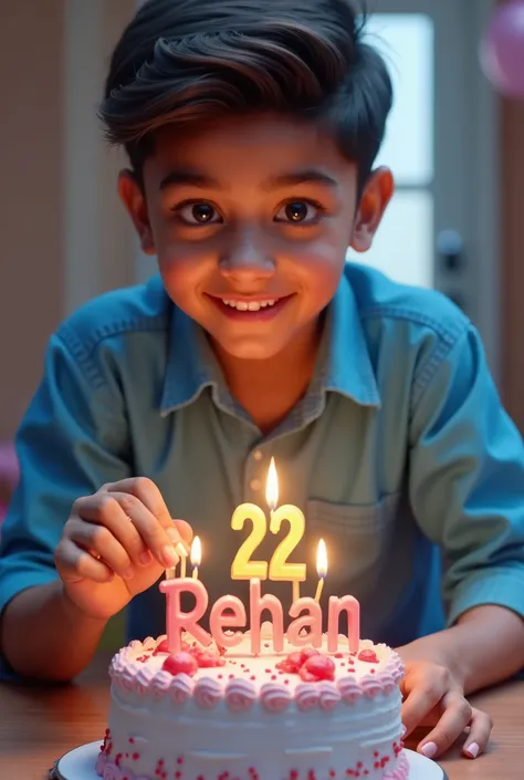 Create a 3d image in which a Indian teenager boy cutting Cake wearing blue color shirt with Name "Rehan" is written clearly on the Cake and 22 year candle burning on the Cake, image features with birthday decorated view realistic image