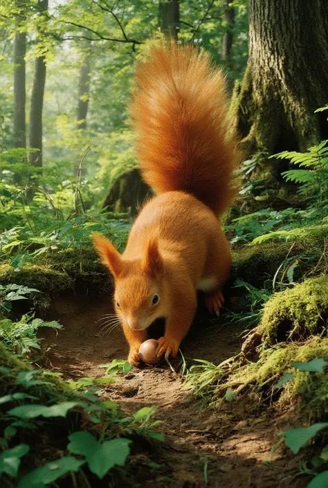 Red squirrel in the forest buries hazelnut