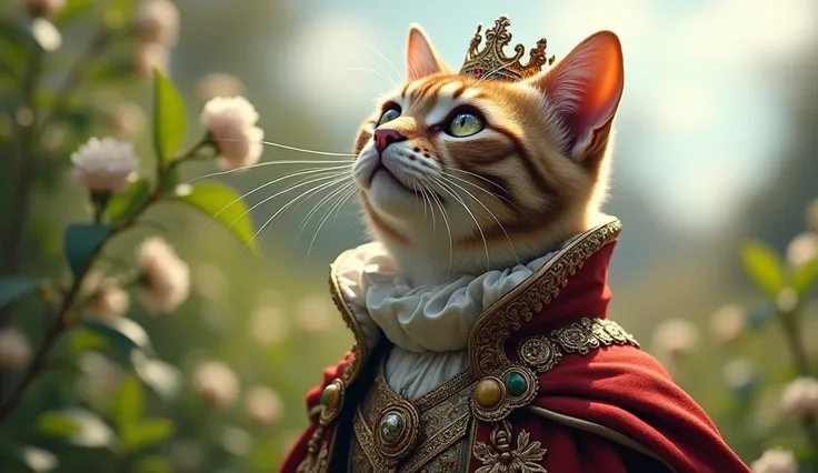 (Masterpiece, high quality, high resolution, detailed, 8k), close-up of a male cat with a cat head wearing gorgeous medieval European clothing, looking up at the sky, spring with a fresh breeze outside, cinematic, imaginative, realistic,