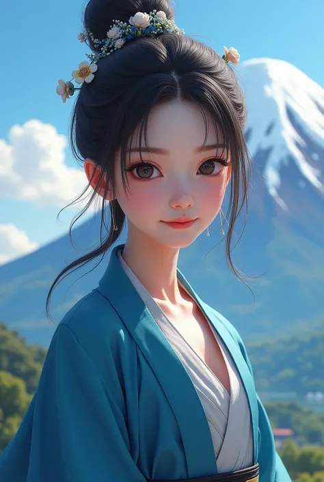 Three Kingdoms Period Fuji Beautiful Girl ，18 years old， Smart Little Demon Character Lovingly Smiling，Wear blue，Exposed breasts。