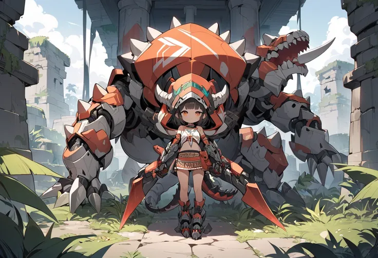 Reverse Gyger (Iguana and Ceratopsian) Girl, 1 girl, light reddish brown skin, white tattoos, mechanical ceratopsid skull hood cape and 3 horns, iguana dorsal fin and long tail, reptile mechanical claw armor and mechanical claw boots (Armor Weapon), Cerato...