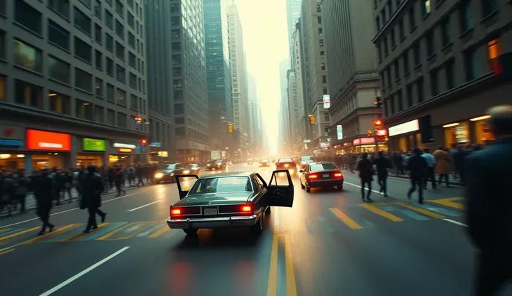 Car leaves with open doors in the middle of the city street, top shot 