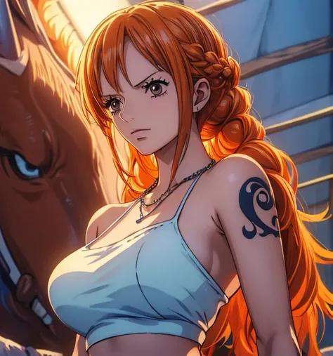 (masterpiece, top quality, 4K, 8k,     high definition   , 最高masterpiece:1.2),   super detailed , (  realistic  , photo  realistic  , photo-  realistic  :1.37),    Maintaining Anime Style  ,   Nami in One Piece,  Light Orange Hair  , beautiful hairstyle , ...