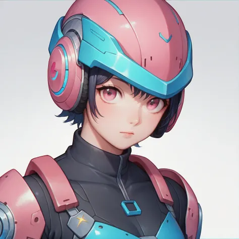 Young woman in a futuristic armored suit, wearing a sleek black helmet with glowing blue neon accents. Her helmet partially reveals her face, showing vibrant pink eyes with a focused expression. The suit is form-fitting, featuring a high-tech design with g...