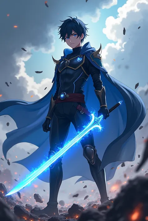  , a guy aged 20 - 22 in an anime style, He has short black hair.,  blue eyes ,  combat uniform with a cloak and a sword consisting of blue darkness, he stands against the backdrop of a battlefield 