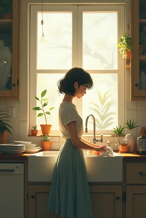 A image of a girl washing a dishes in a kitchen sink, day light entering with hazy, wide frame