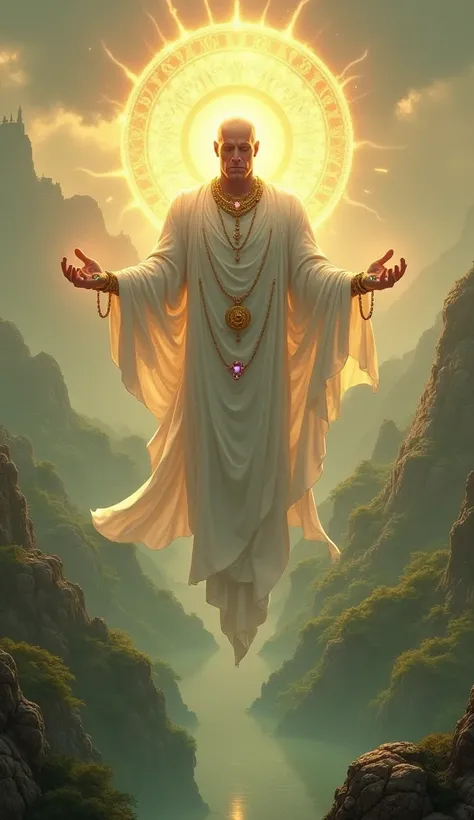 Jainism (Thanos of Non-Violence)
A serene Thanos with radiant golden-brown skin, dressed in flowing white robes adorned with sacred Jain symbols (swastika and hand with a wheel). His gauntlet is minimalist, with gemstones symbolizing purity, truth, and asc...