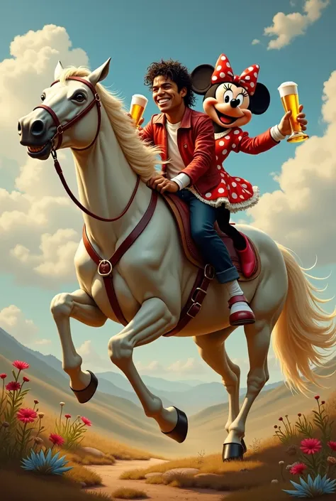 Create an image of Michael Jackson and Minie riding a horse drinking beer 