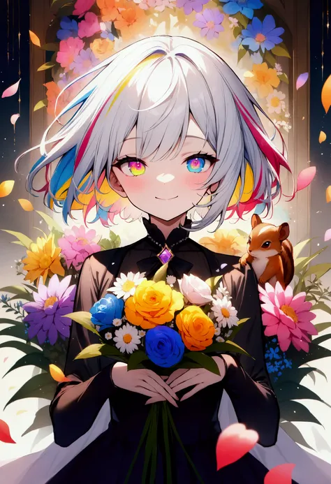 (masterpiece),(absurdres),(perfect detailed)、alone,(white hair:1.1),(colorful hair:1.3),(very shortcut hair:1.1),(colorful eyes:1.2),(flat chest),()),( black tuxedo :1.3),smile,(Floating colorful petals:1.4),(flower garden background with squirrels:1.2),( ...