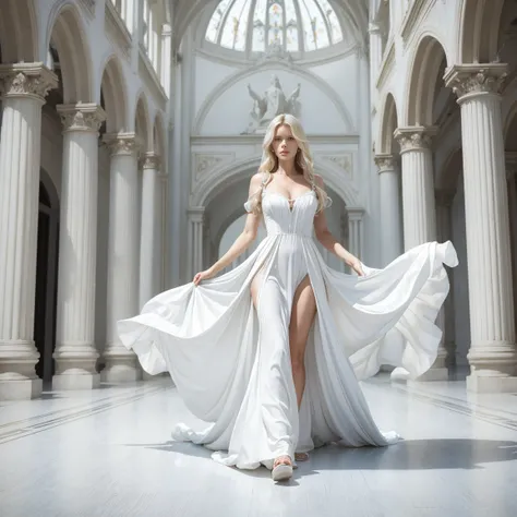 a woman in a white dress walking on a black carpet, a photo inspired by Károly Lotz, tumblr, renaissance, in a long white dress, wearing a white flowing dress, claudia schiffer, full body white dress, in a maxi white dress, dressed a long white, wearing iv...